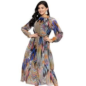 Kassually Womens size Large Flowy Sheer Boho Colorful Artsy Abstract Print Dress